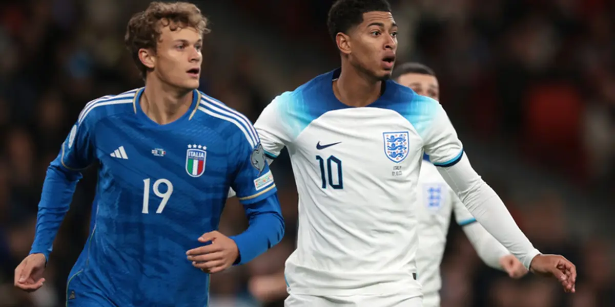 Scalvini junto con Bellingham en un enfrentamiento entre Italia e Inglaterra. Imagen: Dazn