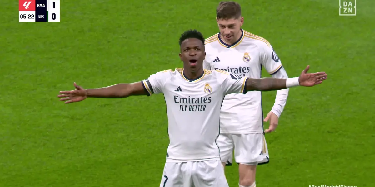 Vinicius celebra el primer gol del partido. Imagen: DAZN.